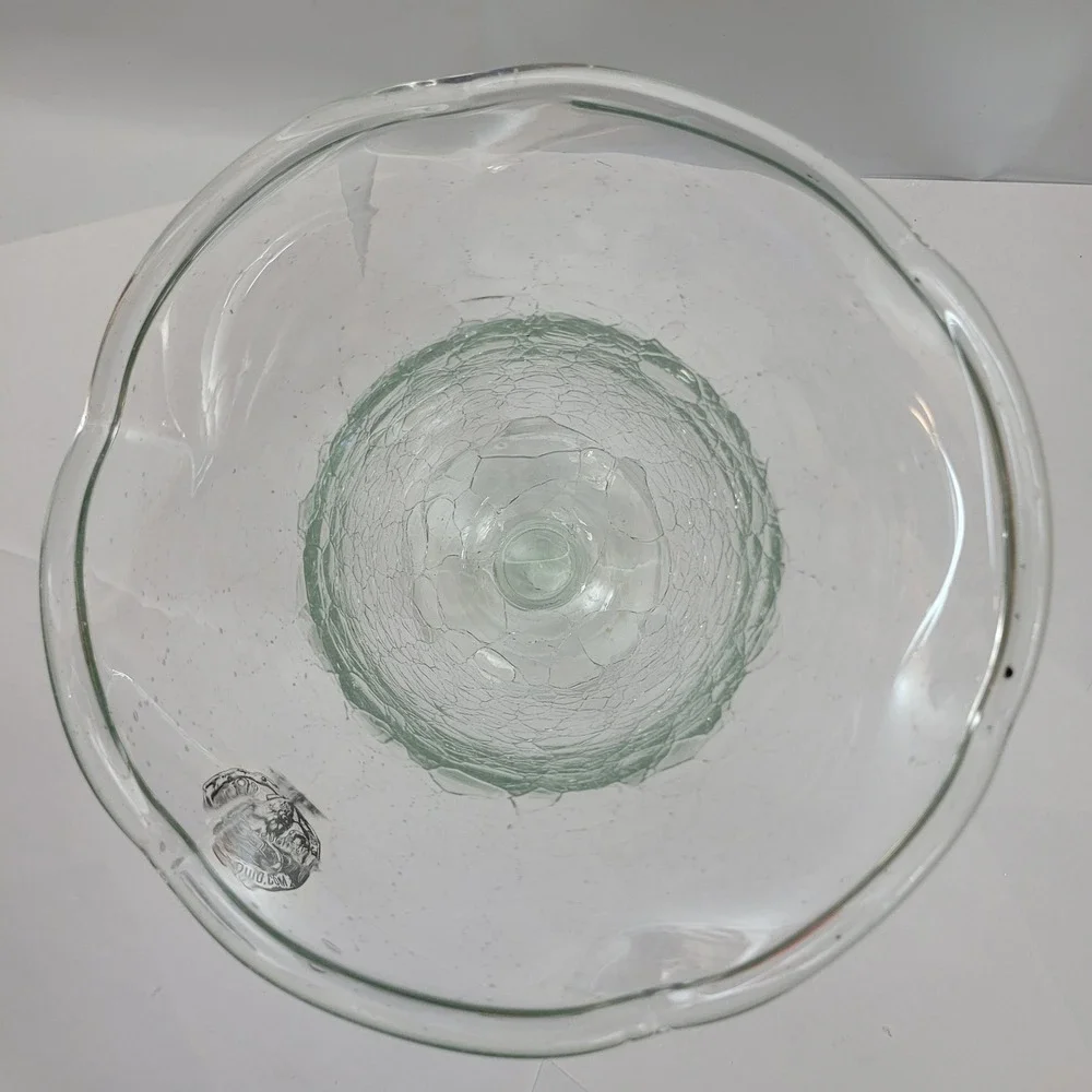 Vintage Crackle Glass Footed Vase Ruffled Rim Clear Hand Blown 7.5 Inch